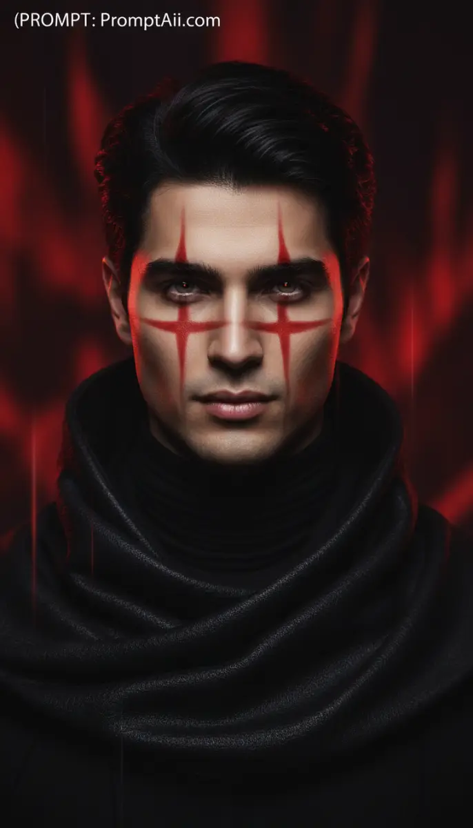 Portrait of a Man with Red Cross Face Paint