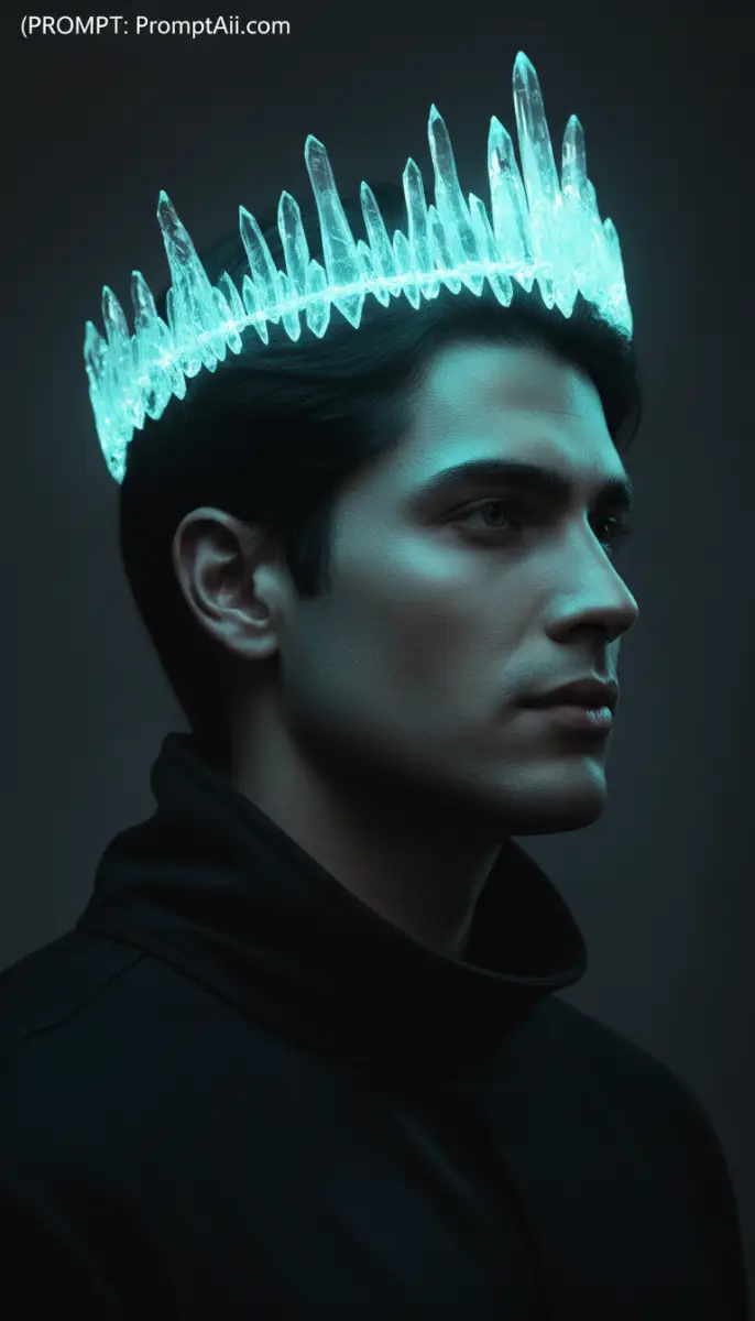 Man Wearing a Glowing Cyan Crystal Crown Portrait
