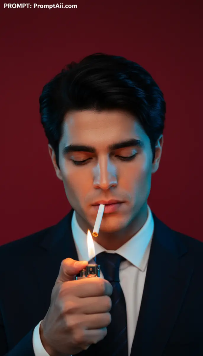 Man in suit lighting a cigarette with a lighter
