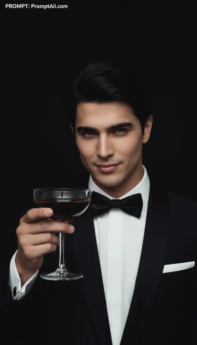 Man Wearing a Black Tuxedo Holding a Cocktail Glass