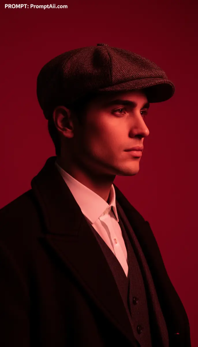 Man in Vintage Coat and Newsboy Cap Under Red Light