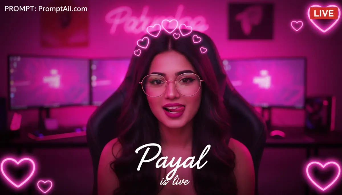 Woman with glasses in pink neon gaming room live stream