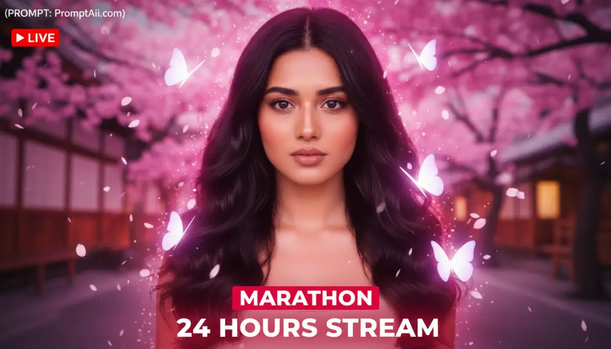 Woman with Glowing Butterflies and Cherry Blossoms Live Stream Poster