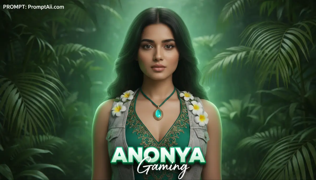 Woman in jungle gaming poster with tropical leaves