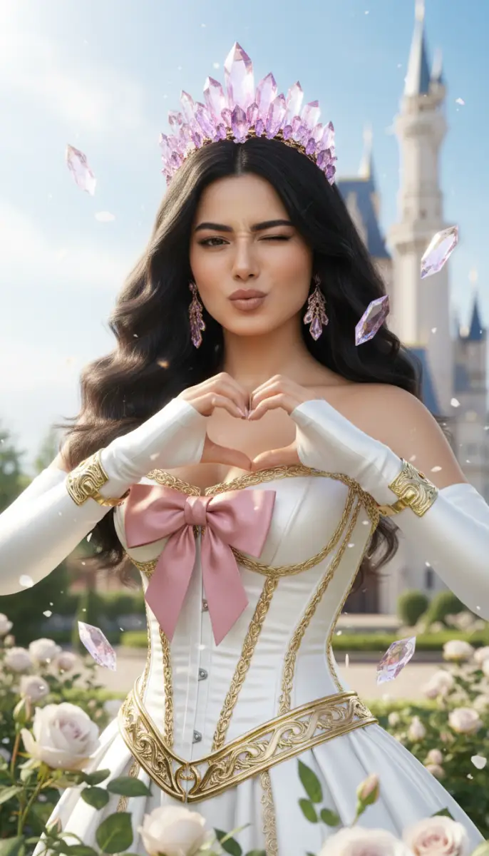 Woman in white gown and crystal crown making heart gesture