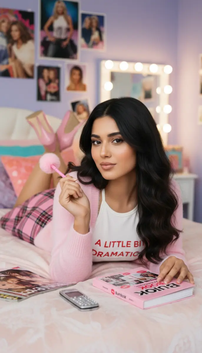 Young woman in pink cardigan posing on bed with pink book