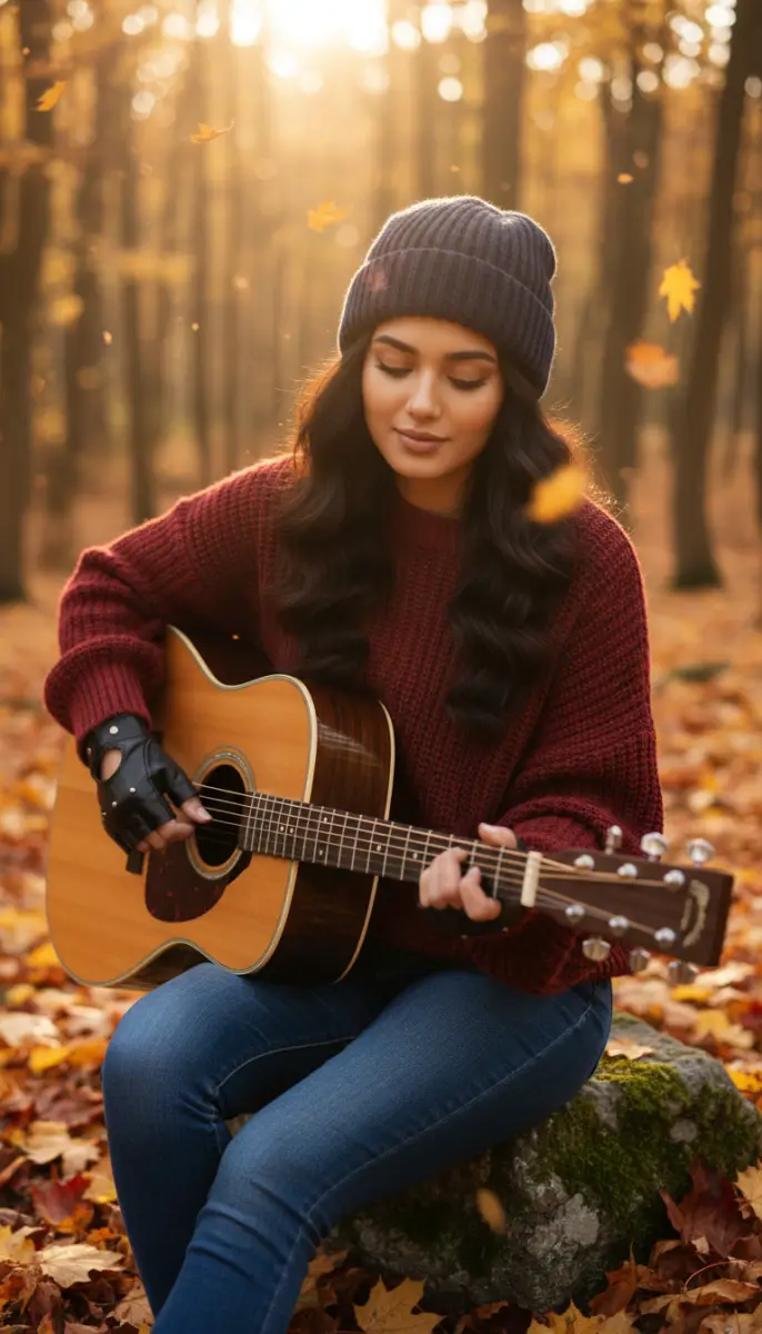Woman playing acoustic guitar in autumn forest with falling leaves