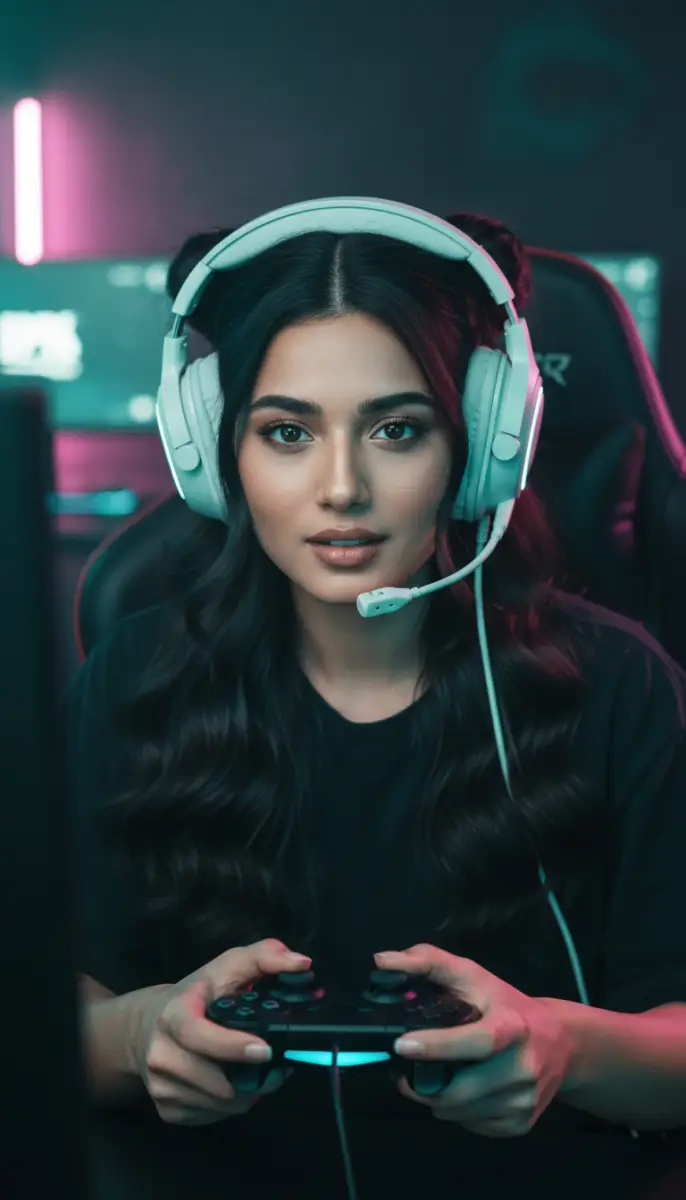 Young Woman with Headset Holding a Game Controller