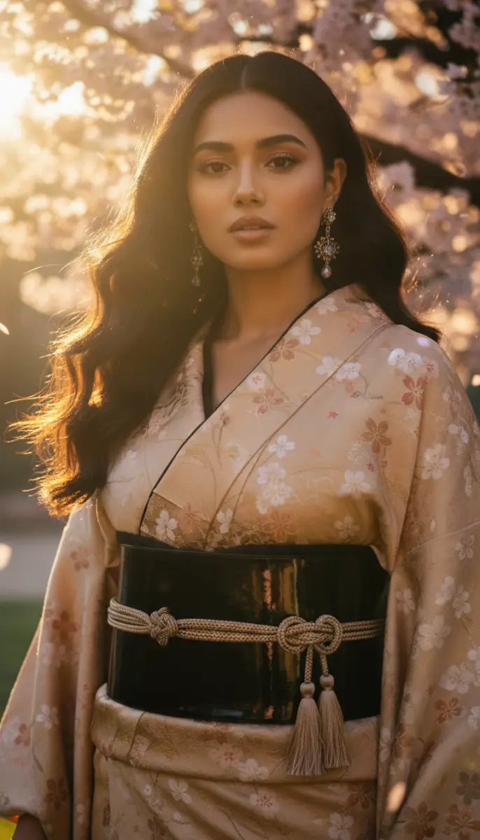 Woman in Floral Kimono with Cherry Blossoms at Sunset
