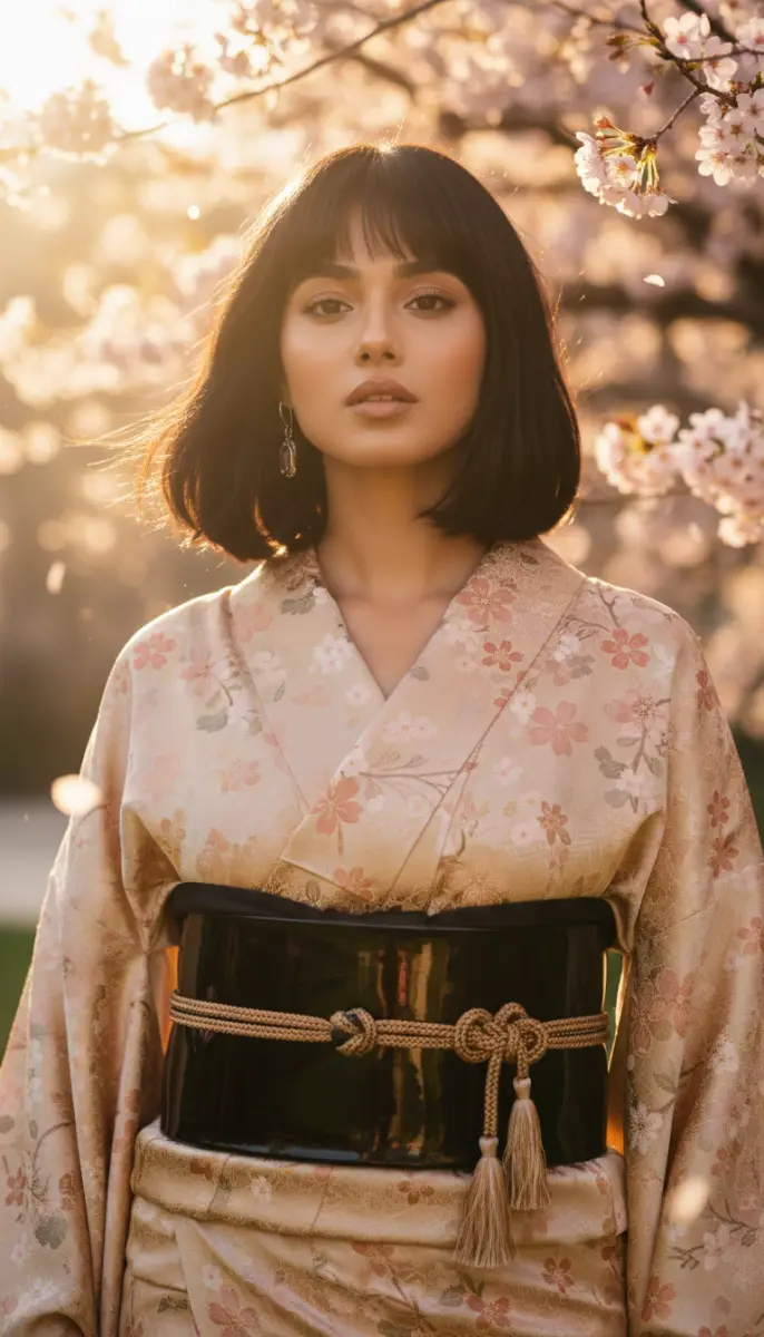 Woman in traditional kimono standing under cherry blossom trees