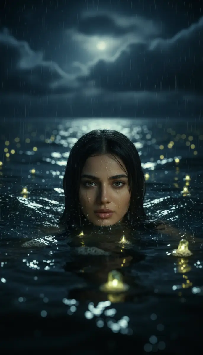 Woman Submerged in Water at Night with Glowing Lights
