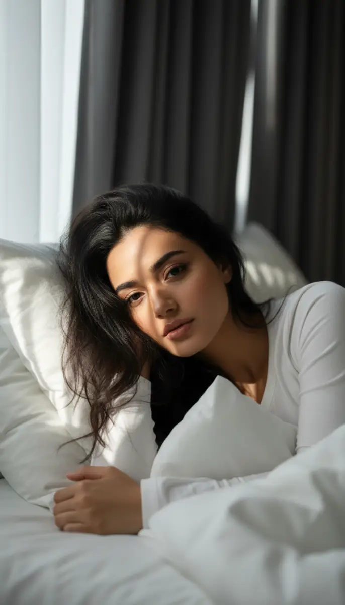 Portrait of a woman lying in bed with natural sunlight