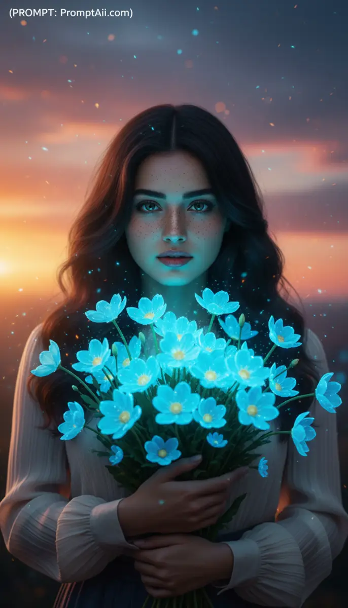 Woman holding glowing blue flowers at sunset