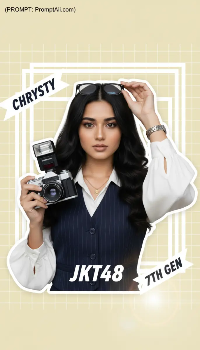 Portrait of a woman holding a vintage camera with JKT48 text