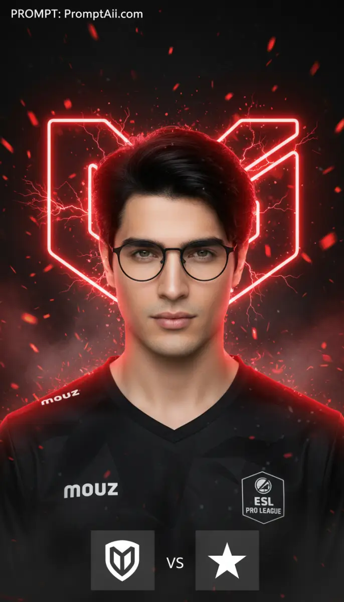Professional eSports Player Portrait in MOUZ Jersey with Red Glow