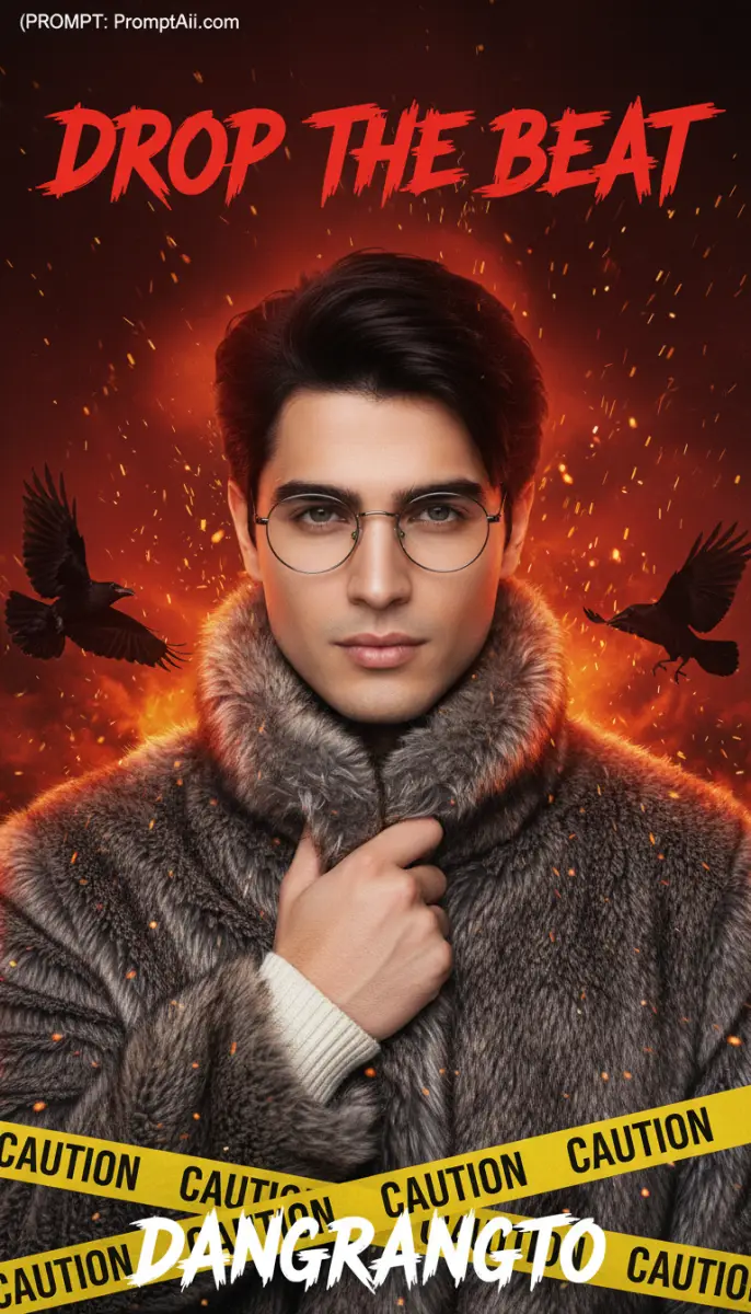 Man in fur coat with fire background and crows poster