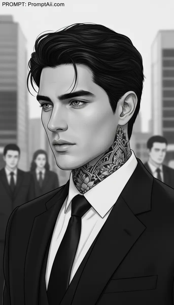 Black and White Illustration of Man in Suit with Neck Tattoo