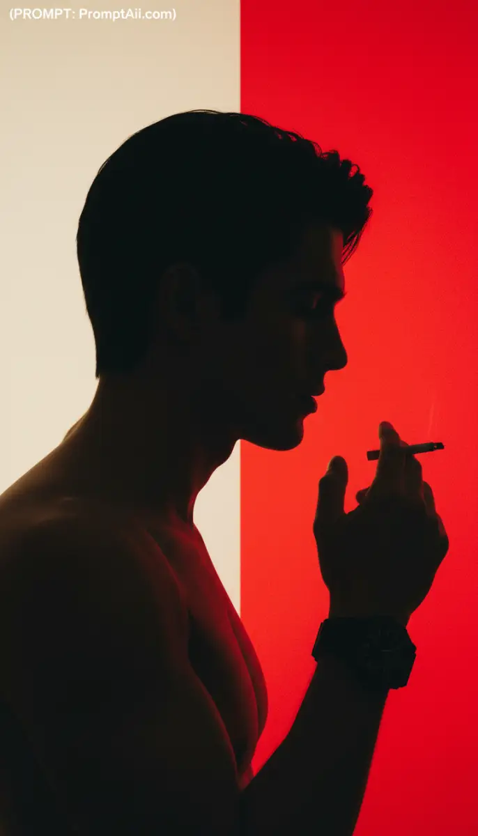 Silhouette of a shirtless man smoking against a red background