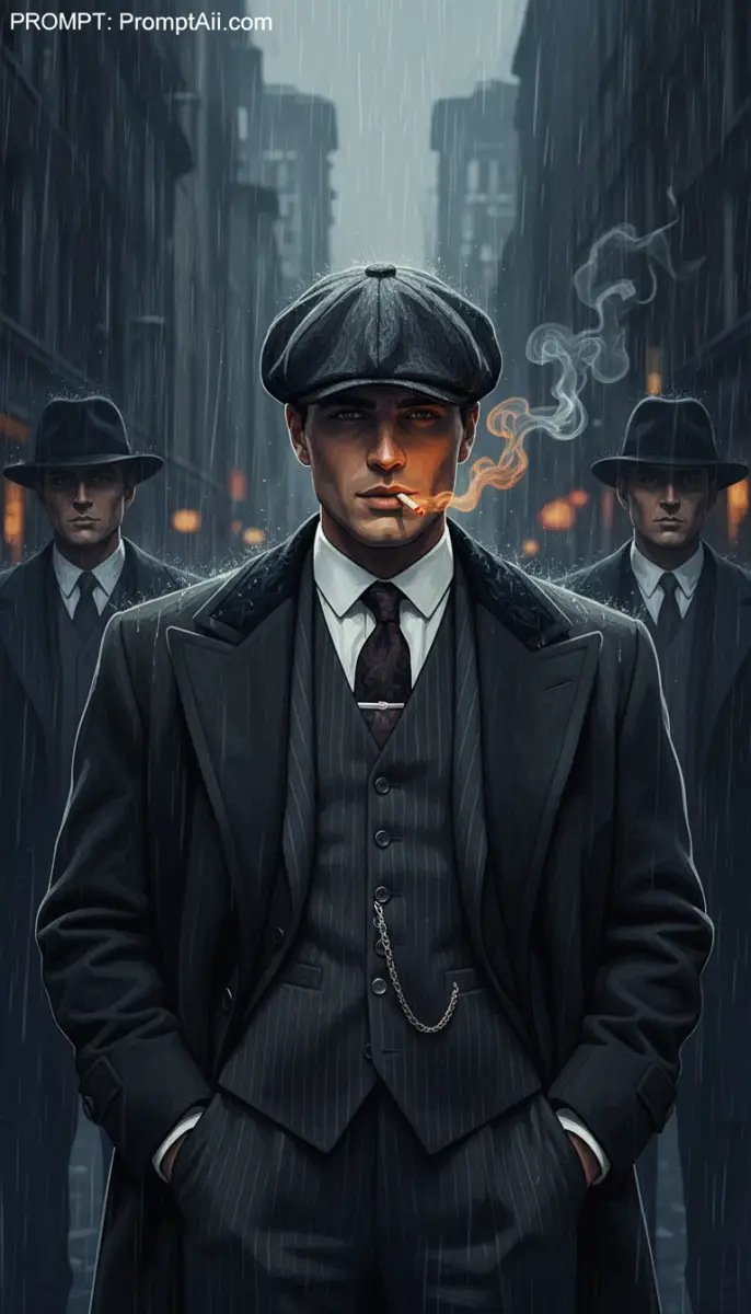 Man in Vintage Suit and Flat Cap Smoking in Rain