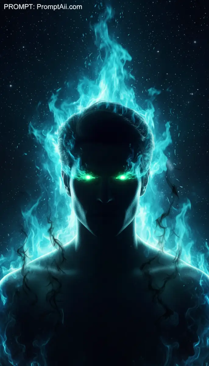 Man with Blue Flames on Head and Glowing Green Eyes