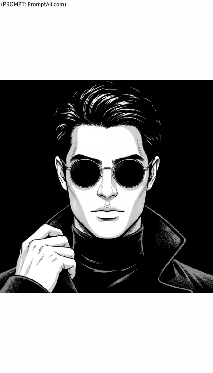 Black and white portrait illustration of a man wearing sunglasses