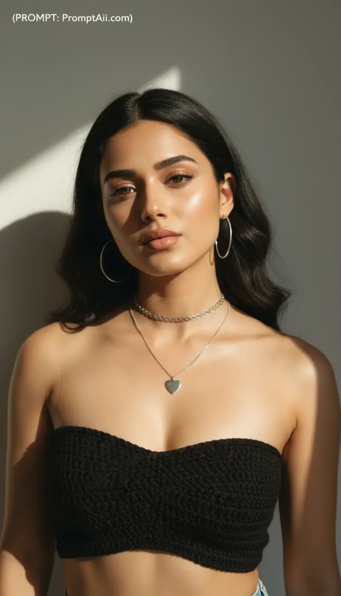 Portrait of a woman in a black crochet top and jewelry