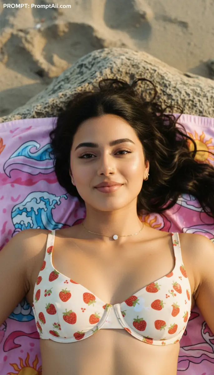 Woman in strawberry print bikini lying on beach towel