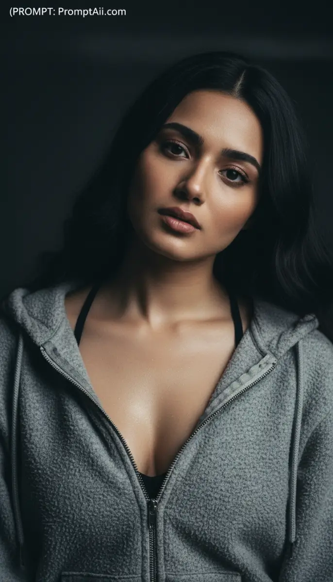 Portrait of a Young Woman in a Grey Hoodie
