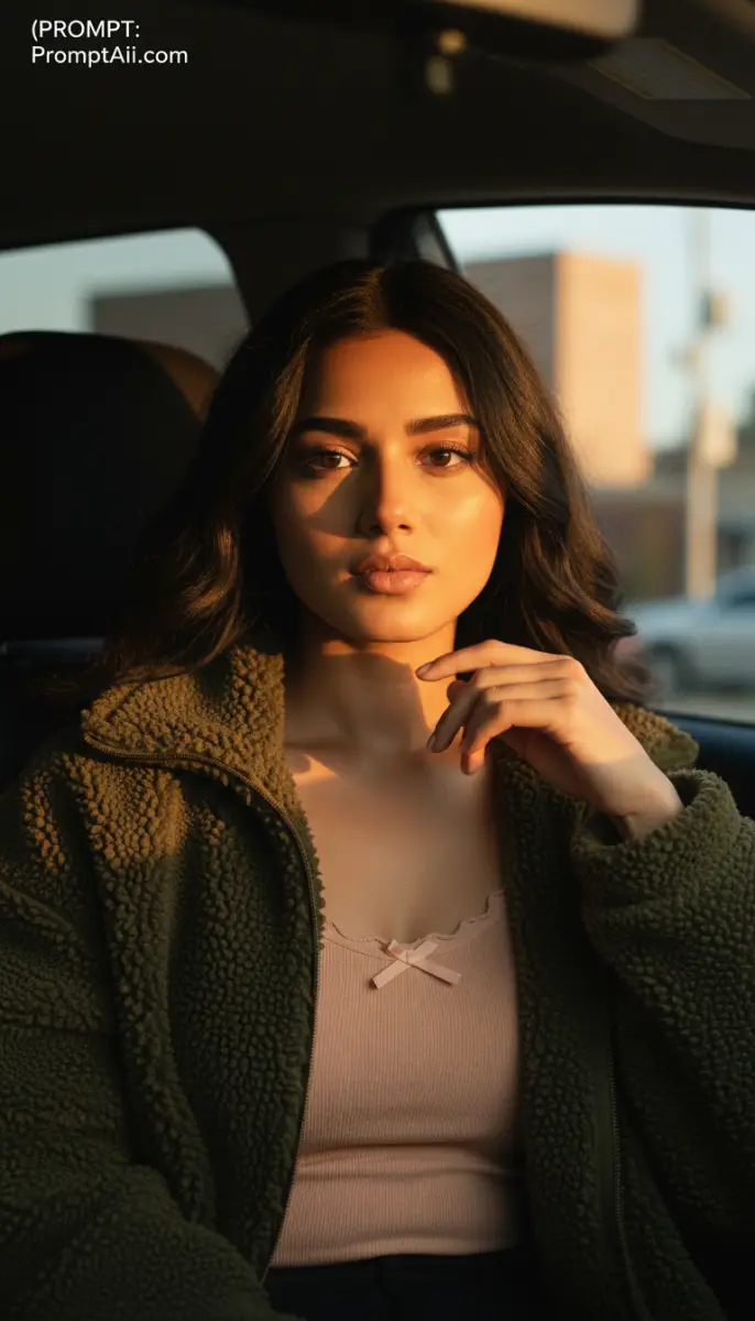 Young woman in green fleece jacket sitting in a car at sunset