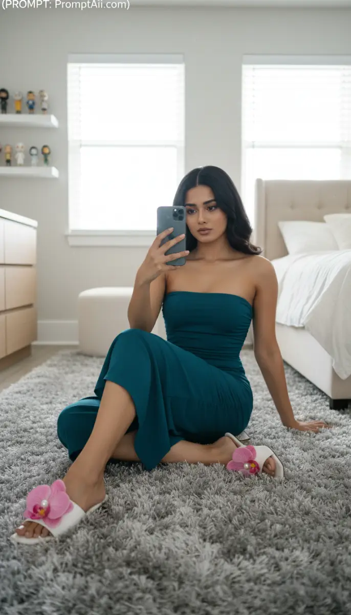 Woman in Teal Strapless Dress Taking a Mirror Selfie