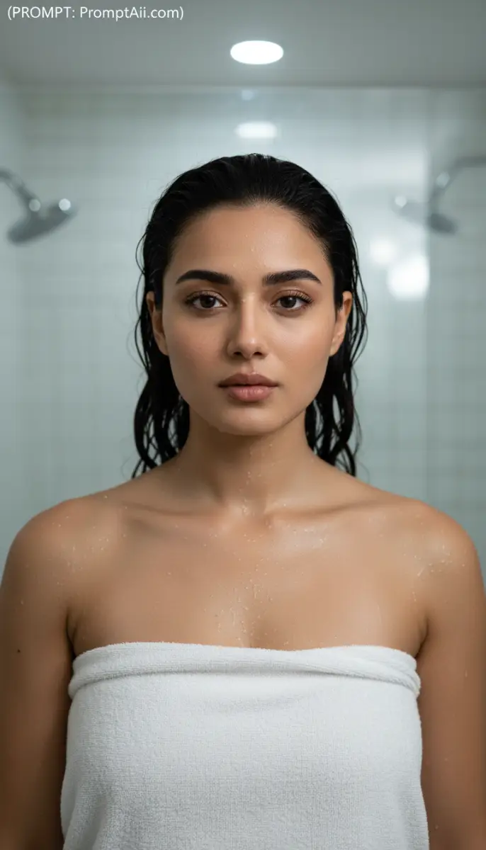 Young Woman with Wet Hair Wrapped in White Bath Towel