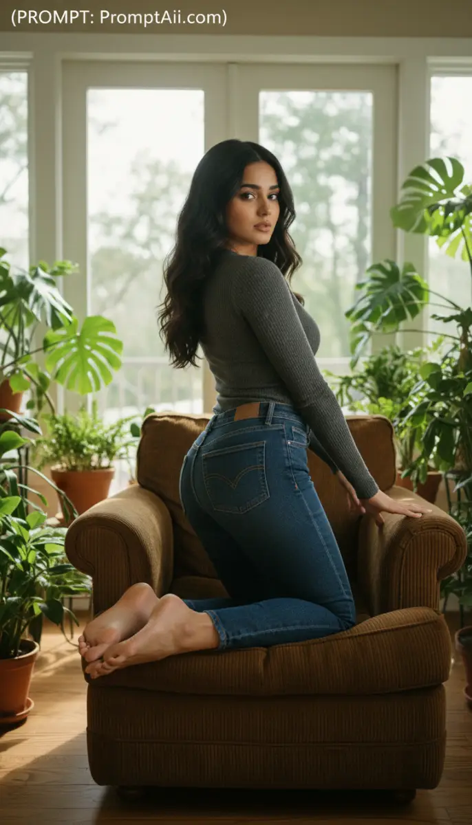 Woman in Gray Ribbed Top and Blue Jeans Kneeling on Armchair