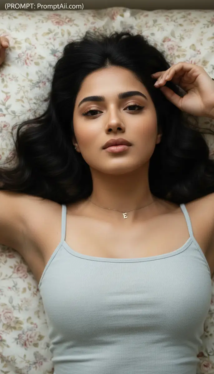 Portrait of a woman with dark wavy hair lying down