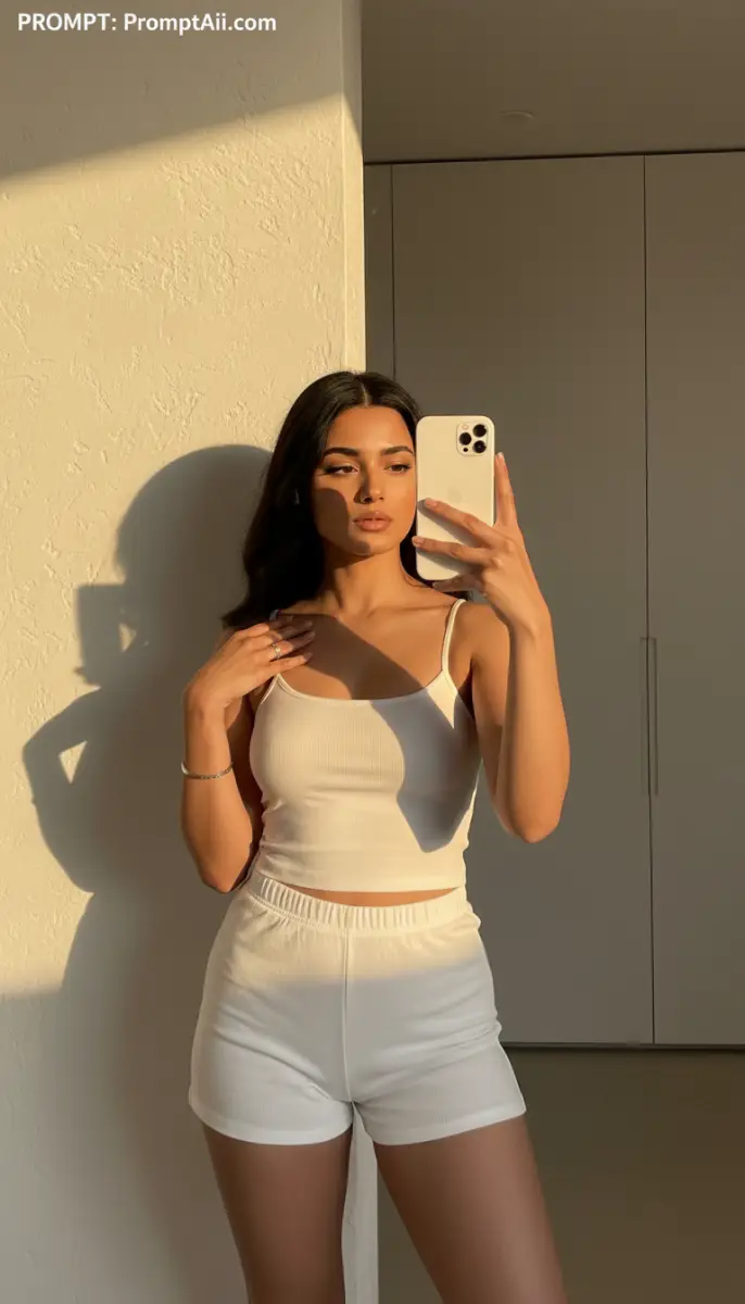 Woman in white crop top and shorts taking mirror selfie