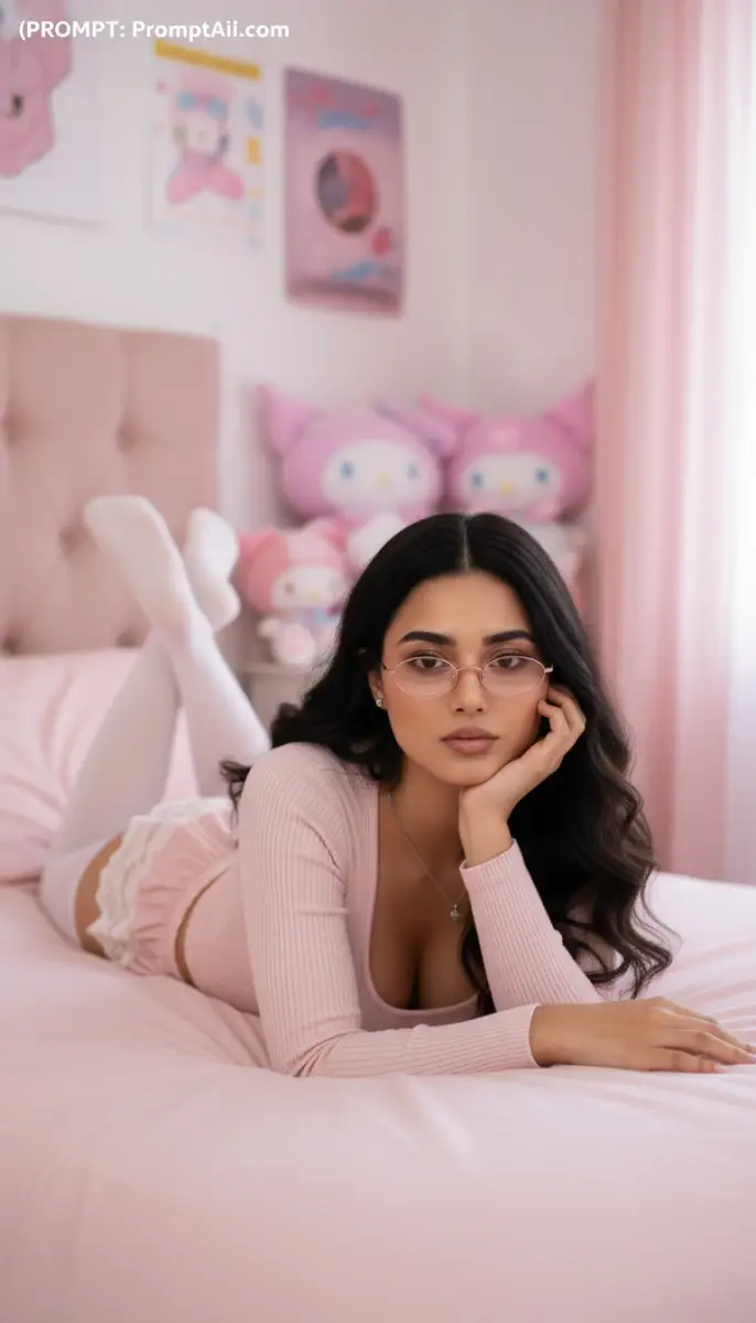 Woman in pink outfit posing on a bed with plushies