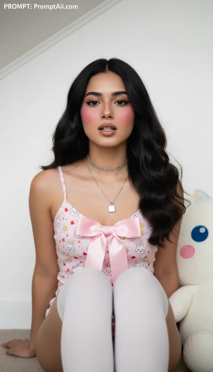 Young woman in pink bunny camisole and white stockings