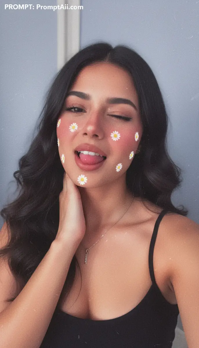 Young Woman with Daisy Face Stickers Winking and Sticking Tongue Out