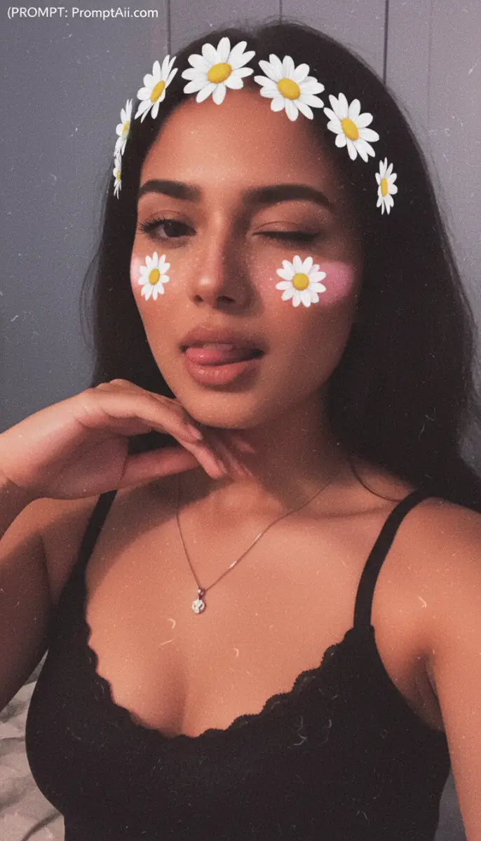 Young woman with daisy crown filter winking and sticking out tongue