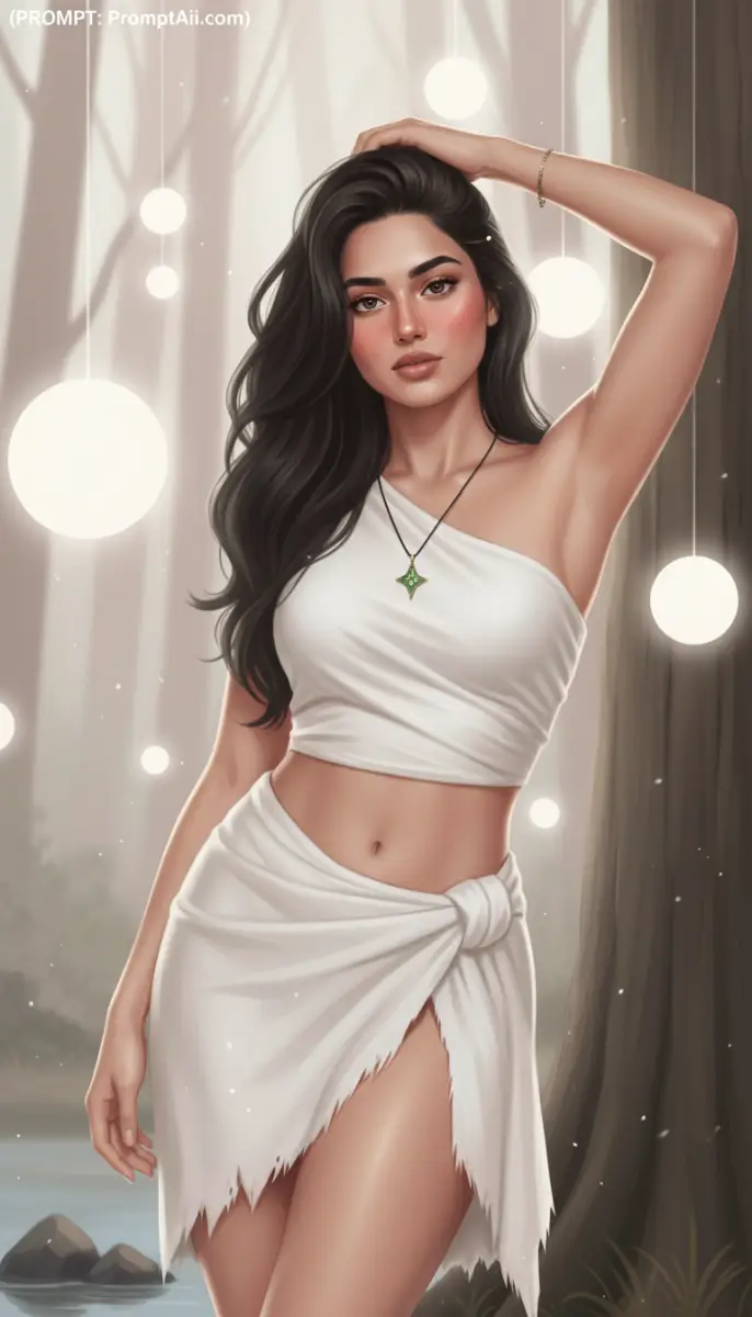 Woman in white wrap outfit with glowing orbs in forest