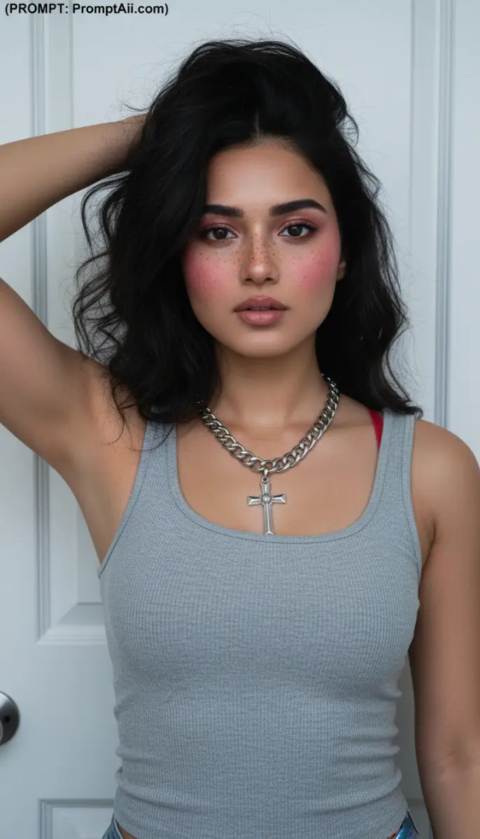 Woman with freckles and pink blush wearing a cross necklace