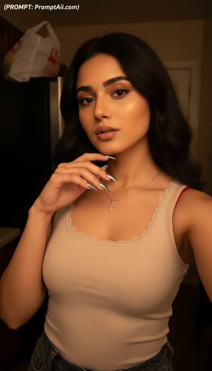 Young woman with long dark hair and silver nails