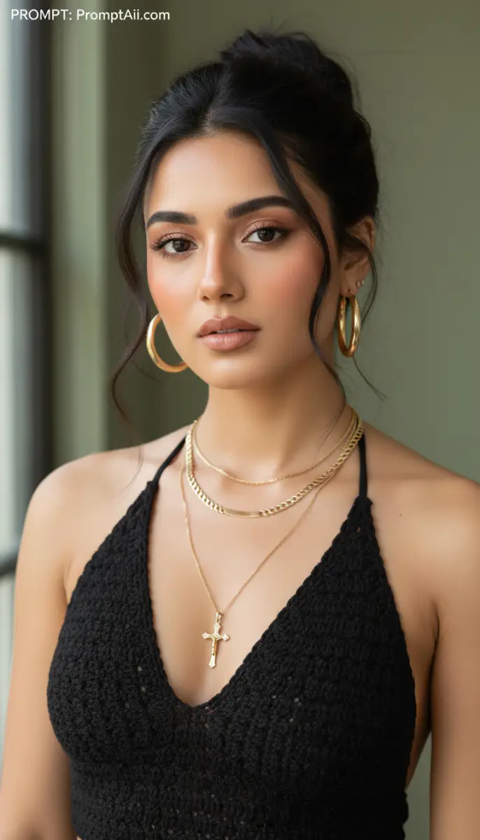 Portrait of a woman wearing a black crocheted halter top and gold jewelry