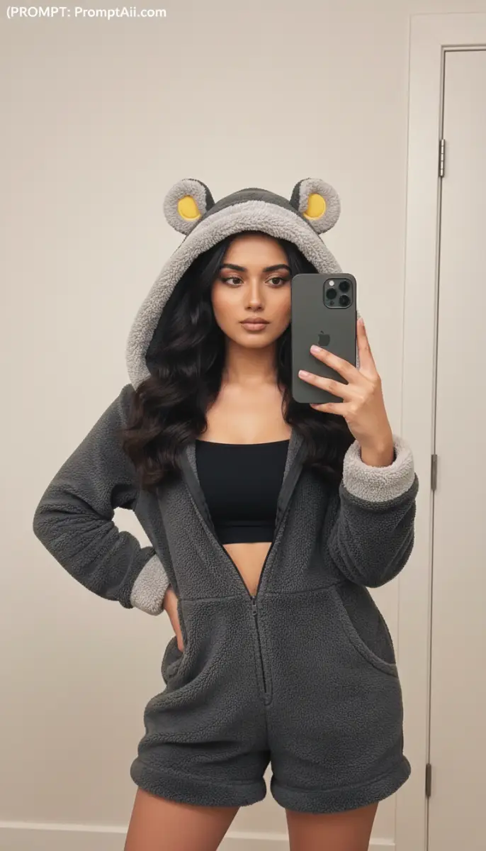 Woman in Grey Bear Ear Hooded Onesie Mirror Selfie