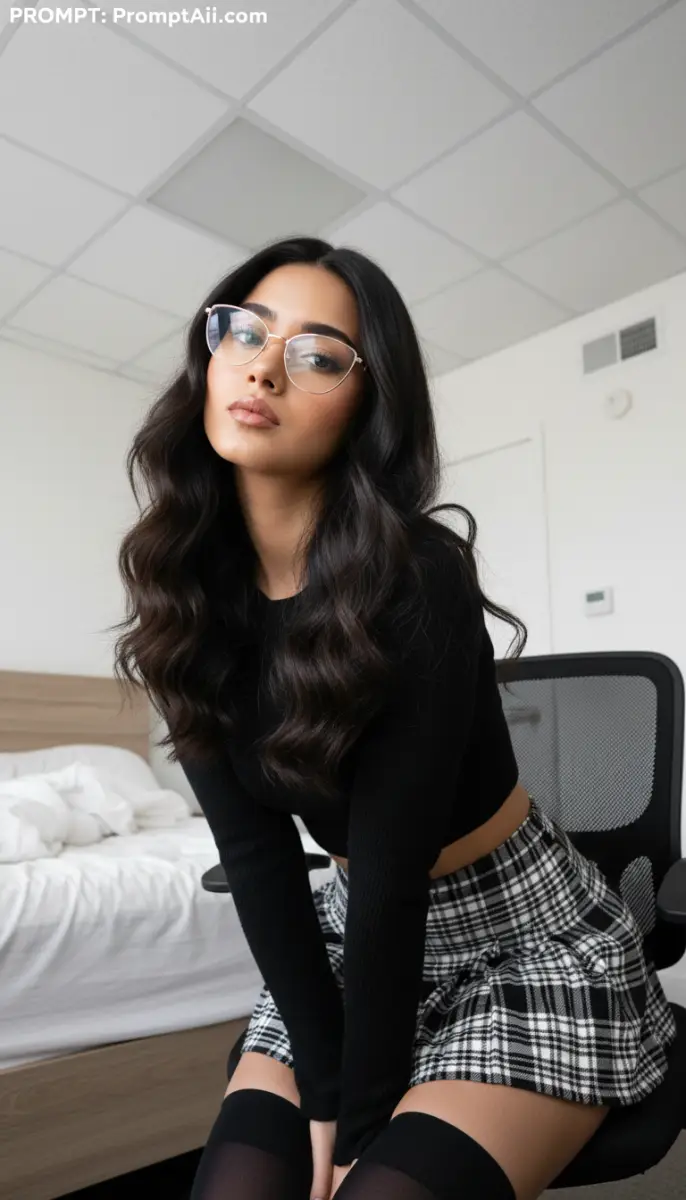 Woman with glasses wearing black crop top and plaid skirt