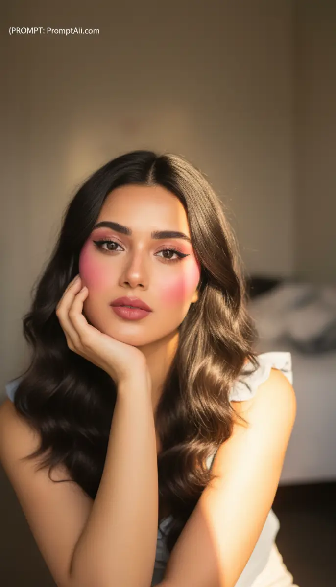 Woman with pink makeup and dark wavy hair portrait