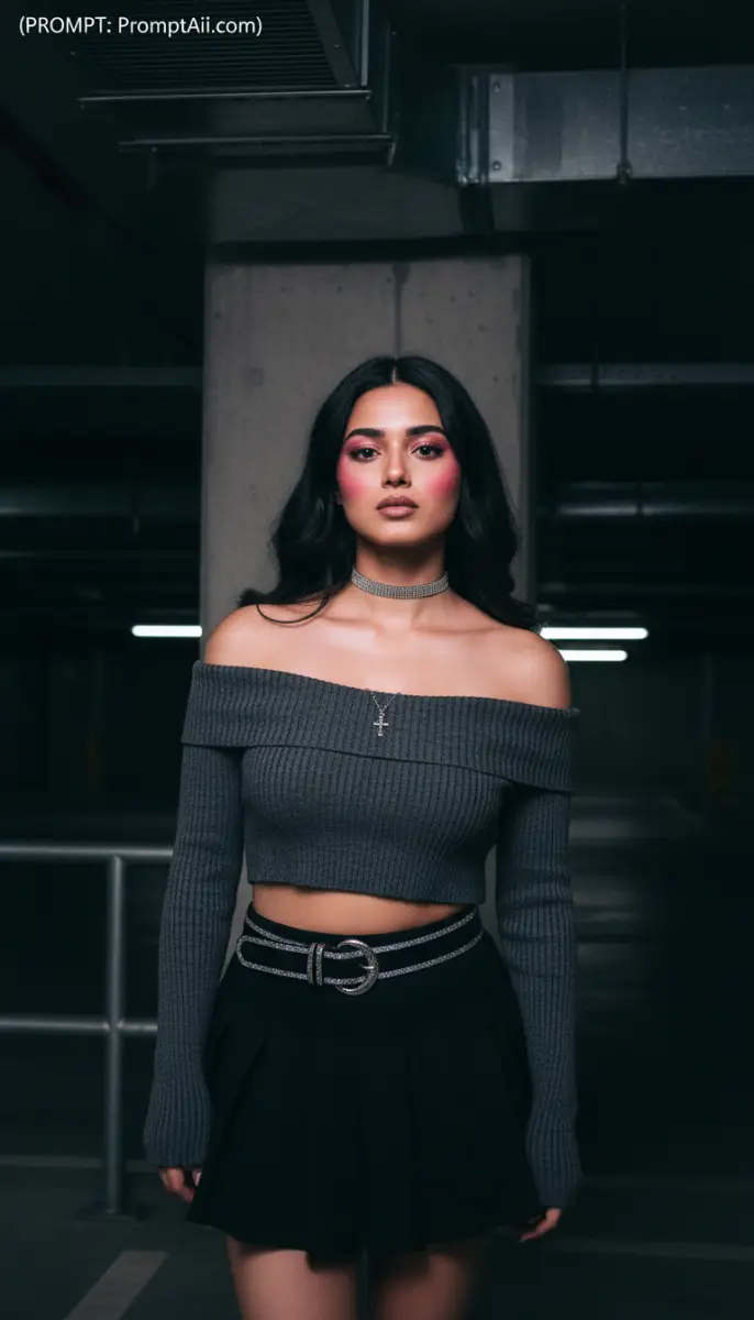 Woman in grey off-shoulder top and black skirt in garage