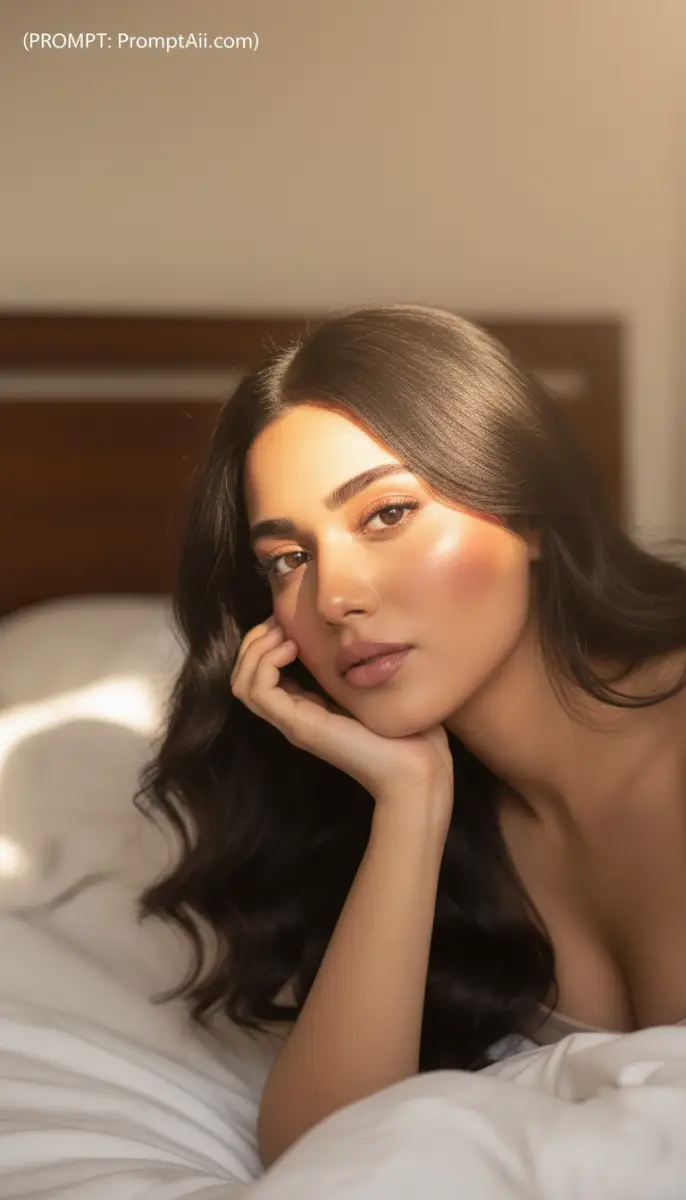 Woman with Long Dark Hair Resting on a White Bed