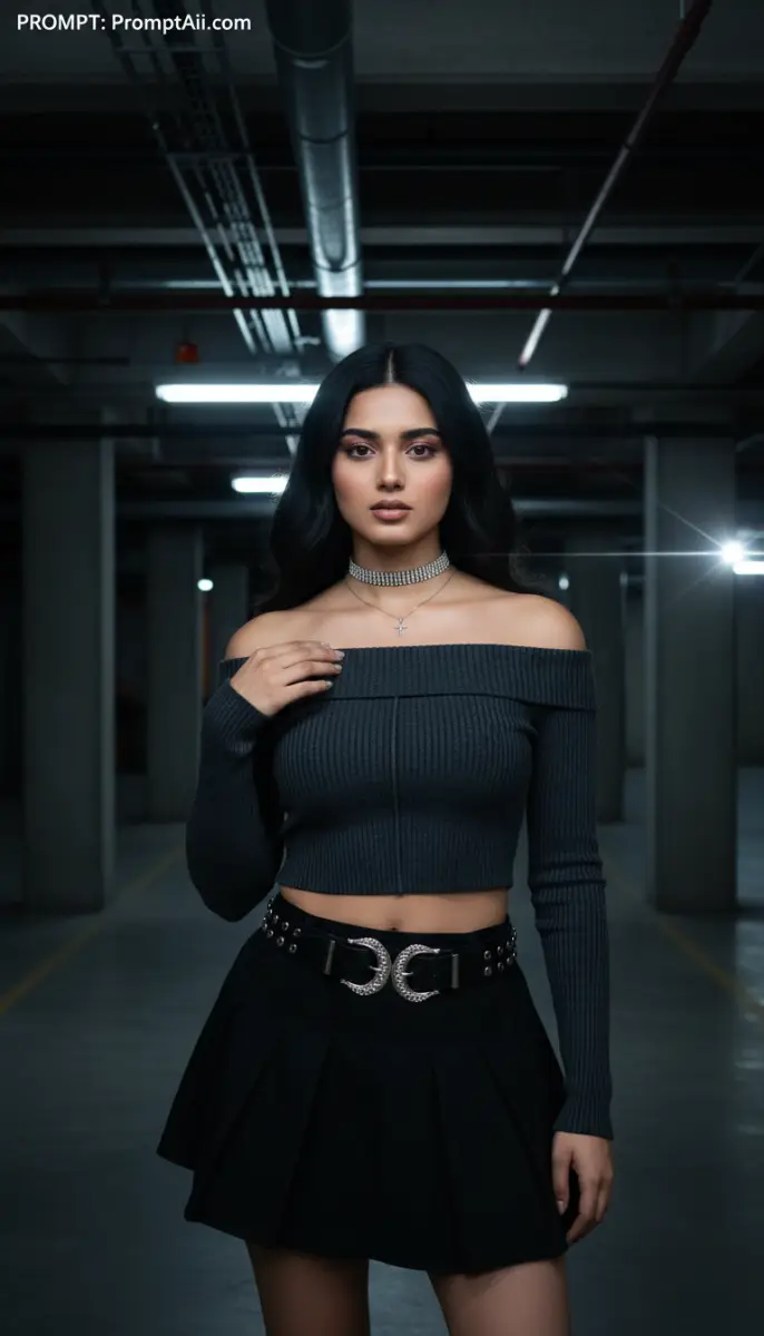 Woman in grey crop top and black skirt in parking garage