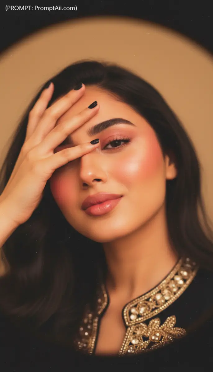 Woman with Hand Over Eye Wearing Gold Embroidered Traditional Dress