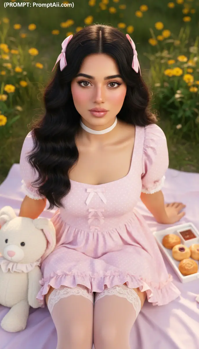 Young woman in pink dress with teddy bear at a picnic